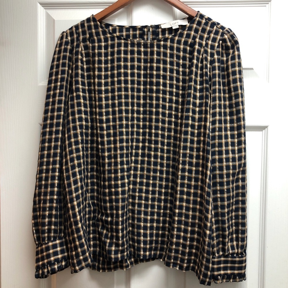 LOFT Navy and Gold Plaid Long-Sleeve Blouse